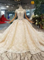 Champagne Ball Gown Lace Cap Sleeve Wedding Dress With Crystal