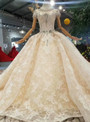 Champagne Ball Gown Lace Cap Sleeve Wedding Dress With Crystal