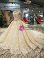 Champagne Ball Gown Lace Cap Sleeve Wedding Dress With Crystal
