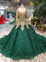 Green Ball Gown Lace Gold Sequins Appliques Long Sleeve Wedding Dress
