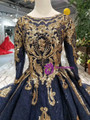 Navy Blue Lace Sequins Appliques Long Sleeve Wedding Dress With Train