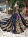 Navy Blue Lace Sequins Appliques Long Sleeve Wedding Dress With Train