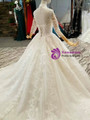 Ball Gown Sequins Lace Appliques High Neck 3/4 Sleeve Backless Wedding Dress