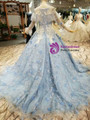 Blue Princess Ball Gown Tulle Appliques Long Sleeve Wedding Dress