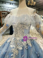 Blue Princess Ball Gown Tulle Appliques Long Sleeve Wedding Dress