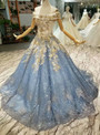 Blue Ball Gown Tulle Sequins Off The Shoulder Appliques Wedding Dress