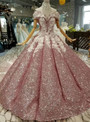 Pink Ball Gown Sequins Appliques Off The Shoulder Wedding Dress With Train