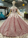 Pink Ball Gown Sequins Appliques Off The Shoulder Wedding Dress With Train