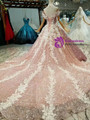 Pink Ball Gown Sequins Appliques Off The Shoulder Wedding Dress With Train