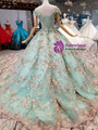 Green Ball Gown Tulle Appliques Bateau Cap Sleeve Wedding Dress