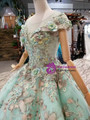 Green Ball Gown Tulle Appliques Bateau Cap Sleeve Wedding Dress