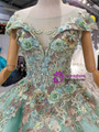 Green Ball Gown Tulle Appliques Bateau Cap Sleeve Wedding Dress
