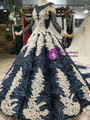 Navy Blue Sequins Long Sleeve Backless Applique Wedding Dress With Train