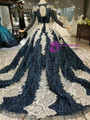 Navy Blue Sequins Long Sleeve Backless Applique Wedding Dress With Train
