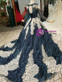 Navy Blue Sequins Long Sleeve Backless Applique Wedding Dress With Train