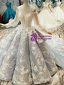 Gray Ball Gown Spaghetti Straps Long Sleeve White Appliques Wedding Dress With Pearls
