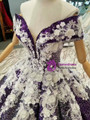 Purple Ball Gown Sequins White Appliques Off The Shoulder Wedding Dress