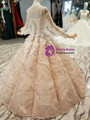 Champagne Ball Gown Sequins Spaghetti Straps Appliques Wedding Dress With Pearls