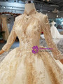 Champagne Lace High Neck Long Sleeve Backless Beading Crystal Wedding Dress