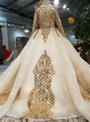 Champagne Ball Gown Sequins Long Sleeve Wedding Dress With Long Train
