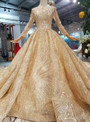 Champagne Gold Tulle Sequins Long Sleeve Beading Wedding Dress With Long Train