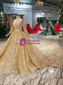 Champagne Gold Tulle Sequins Long Sleeve Beading Wedding Dress With Long Train