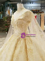 Champagne Tulle Sequins Appliques Off The Shoulder Backless Wedding Dress