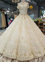 Champagne Tulle Sequins Appliques Off The Shoulder Wedding Dress