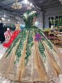 Gold Ball Gown Sequins Green Appliques Off The Shoulder Beading Wedding Dress