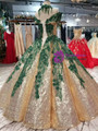 Gold Ball Gown Sequins Green Appliques Off The Shoulder Beading Wedding Dress