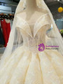 Champagne Ball Gown Lace Appliques Off The Shoulder Backless Wedding Dress