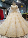 Champagne Ball Gown Tulle Appliques Off The Shoulder Wedding Dress With Beading