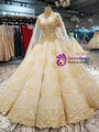 Champagne Ball Gown Tulle Appliques Off The Shoulder Wedding Dress With Beading
