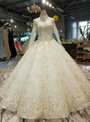 Light Champagne Tulle Sequins High Neck Long Sleeve Backless Wedding Dress