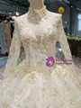 Light Champagne Tulle Sequins High Neck Long Sleeve Backless Wedding Dress