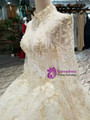 Light Champagne Tulle Sequins High Neck Long Sleeve Backless Wedding Dress