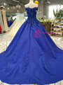 Stunning Blue Ball Gown Satin Appliques Off The Shoulder Wedding Dress