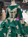 Green Ball Gown Appliques Long Sleeve Bateau Wedding Dress