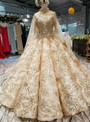 Champagne Gold Sequins Bling Bling Spaghetti Straps Long Sleeve Wedding Dress With Beading