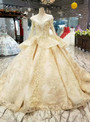 Champagne Tulle Lace Appliques Bateau Long Sleeve Wedding Dress With Beading