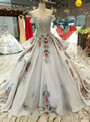 Silver Gray Tulle Satin Sequins Embroidery Appliques Off The Shoulder Wedding Dress
