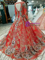 Red Ball Gown Sequins Long Sleeve Backless Embroidery Appliques Wedding Dress