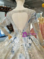 Silver Gray Sequins And Blue Appliques Long Sleeve Backless Wedding Dress