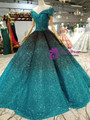 Blue Ball Gown Sequins Off The Shoulder Floor Length Wedding Dress