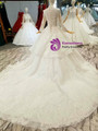 White Ball Gown Sequins Lace Appliques High Neck Long Sleeve Wedding Dress