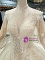 White Ball Gown Sequins Lace Appliques High Neck Long Sleeve Wedding Dress