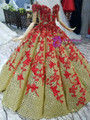 Gold Ball Gown Sequins And Red Appliques Off The Shoulder Wedding Dress