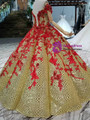 Gold Ball Gown Sequins And Red Appliques Off The Shoulder Wedding Dress