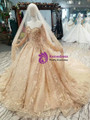 Champagne Tulle Lace Appliques Off The Shoulder Long Sleeve Wedding Dress
