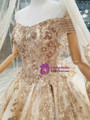 Champagne Tulle Lace Appliques Off The Shoulder Wedding Dress With Beading